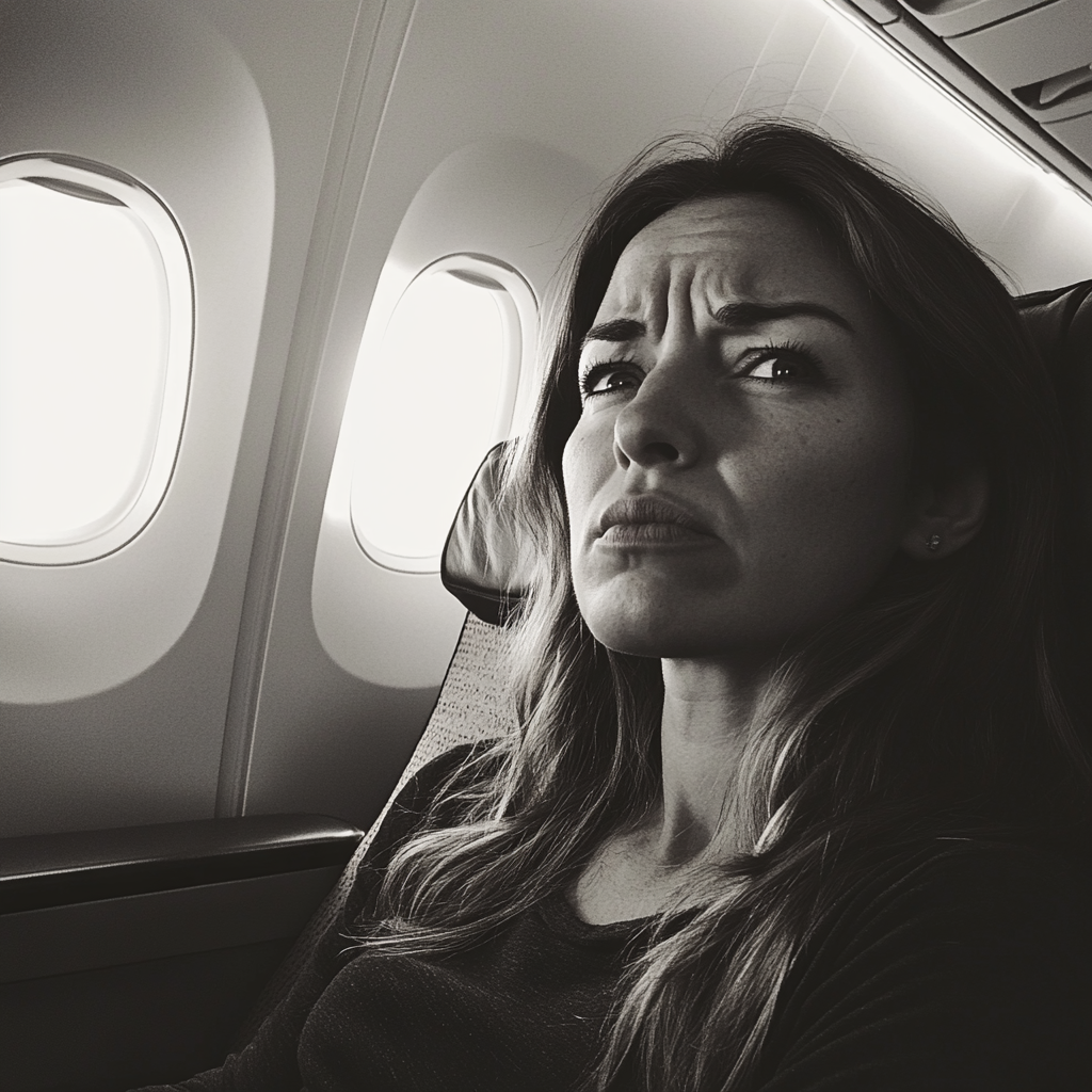 An upset woman sitting in an airplane | Source: Midjourney