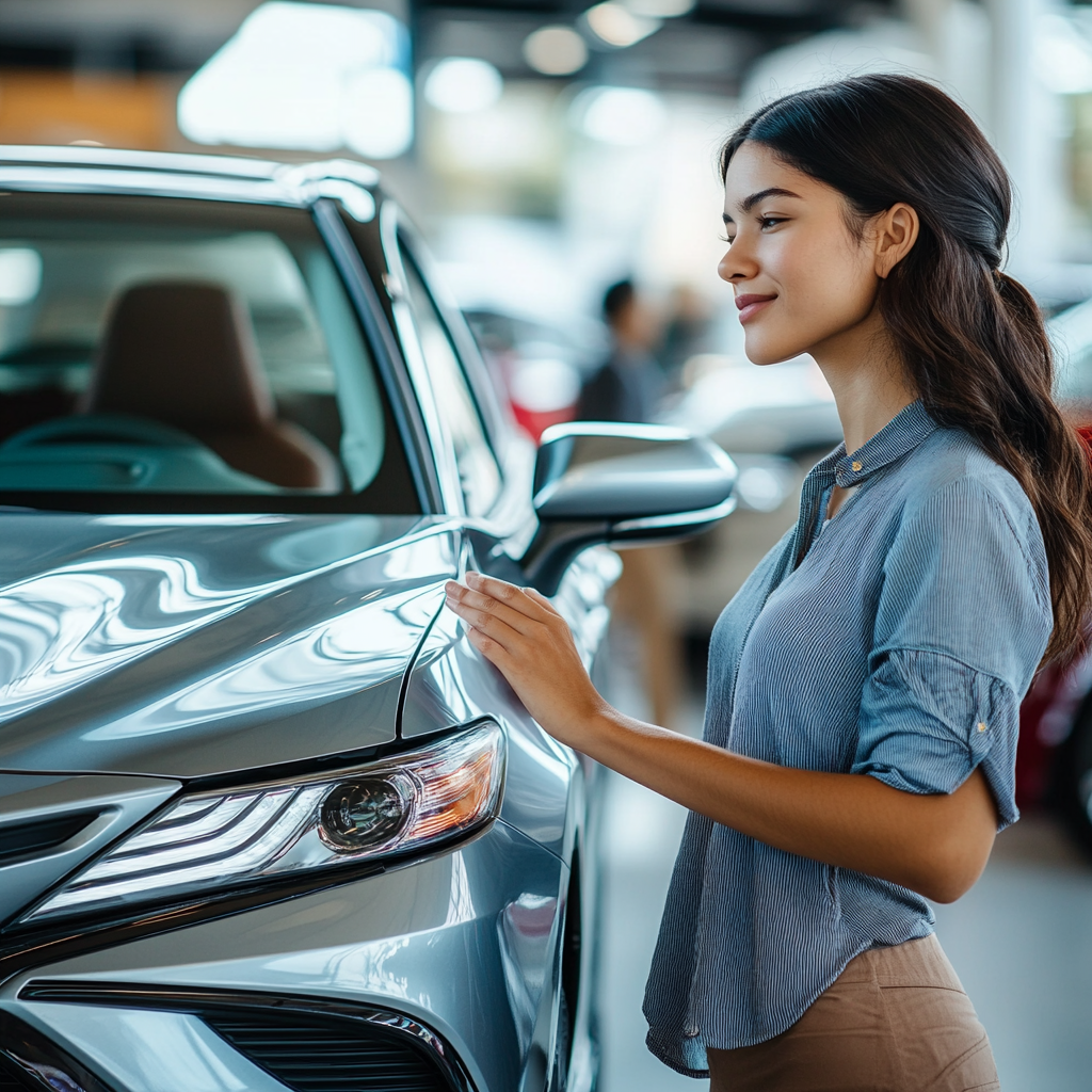 Emily admiring the car she intends to purchase | Source: Midjourney