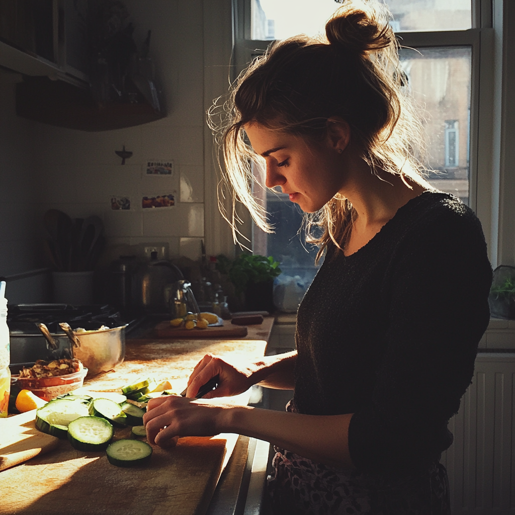 A young woman cutting cucumbers | Source: Midjourney