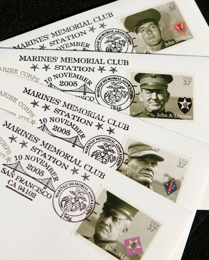 New "Distinguished Marines" commemorative stamps are seen on envelopes during the unveiling ceremony for the new stamp on November 10, 2005 in San Francisco | Source: Getty Images