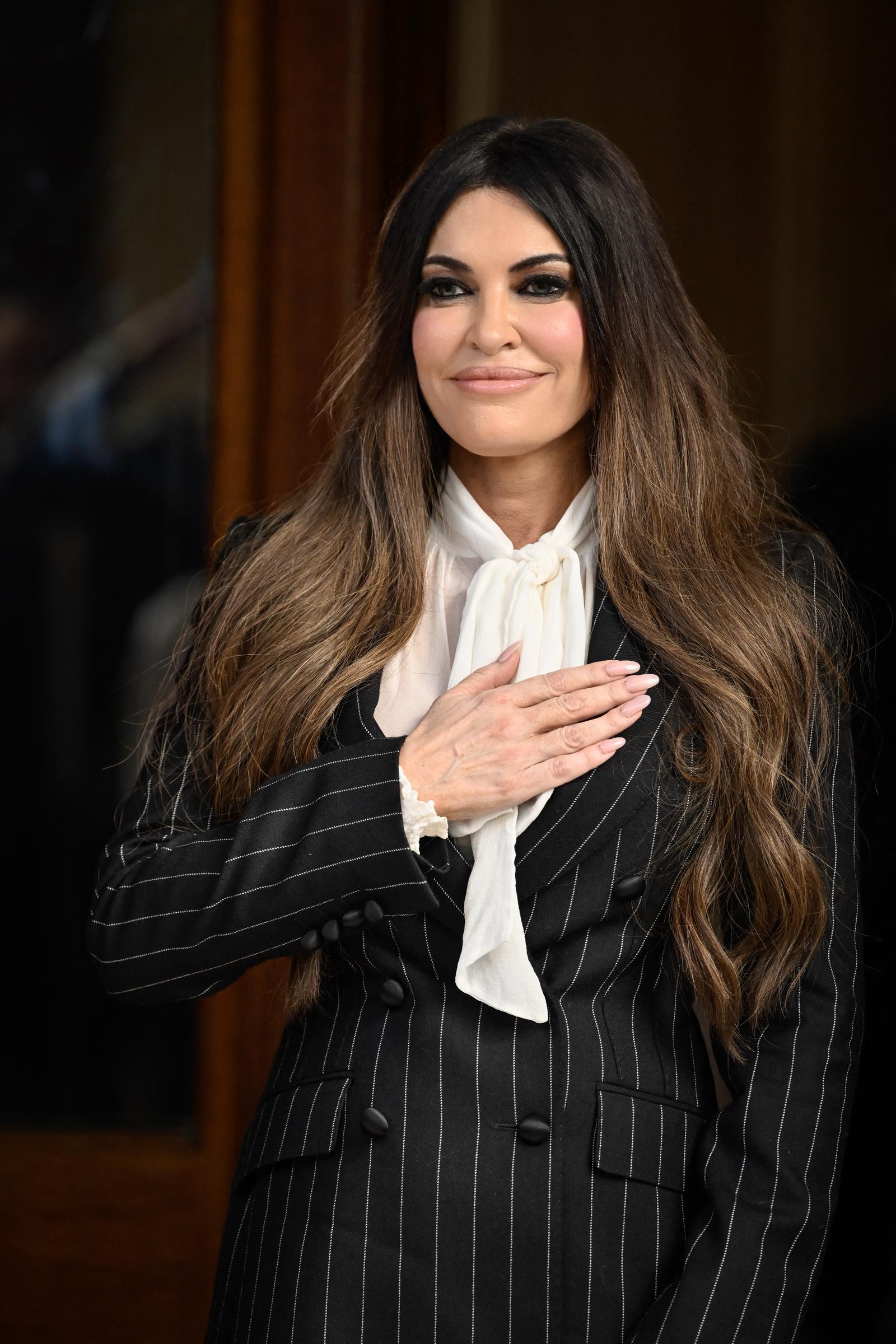 Newly appointed U.S. Ambassador to Greece Kimberly Guilfoyle listens to the national anthem during a credentials presentation ceremony at the Greek Presidential Palace in Athens on November 4, 2025 | Source: Getty Images