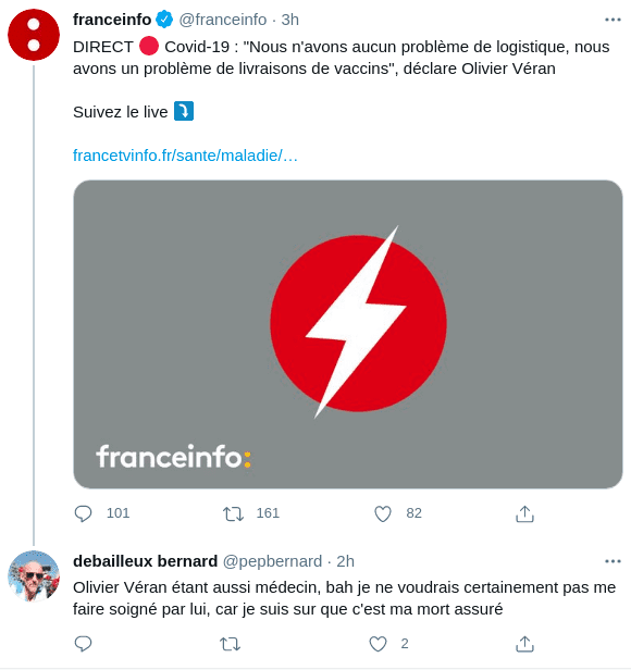 Capture d'écran du tweet d'un internaute sur la publication d'Olivier Veran. | Photo : PasteNow
