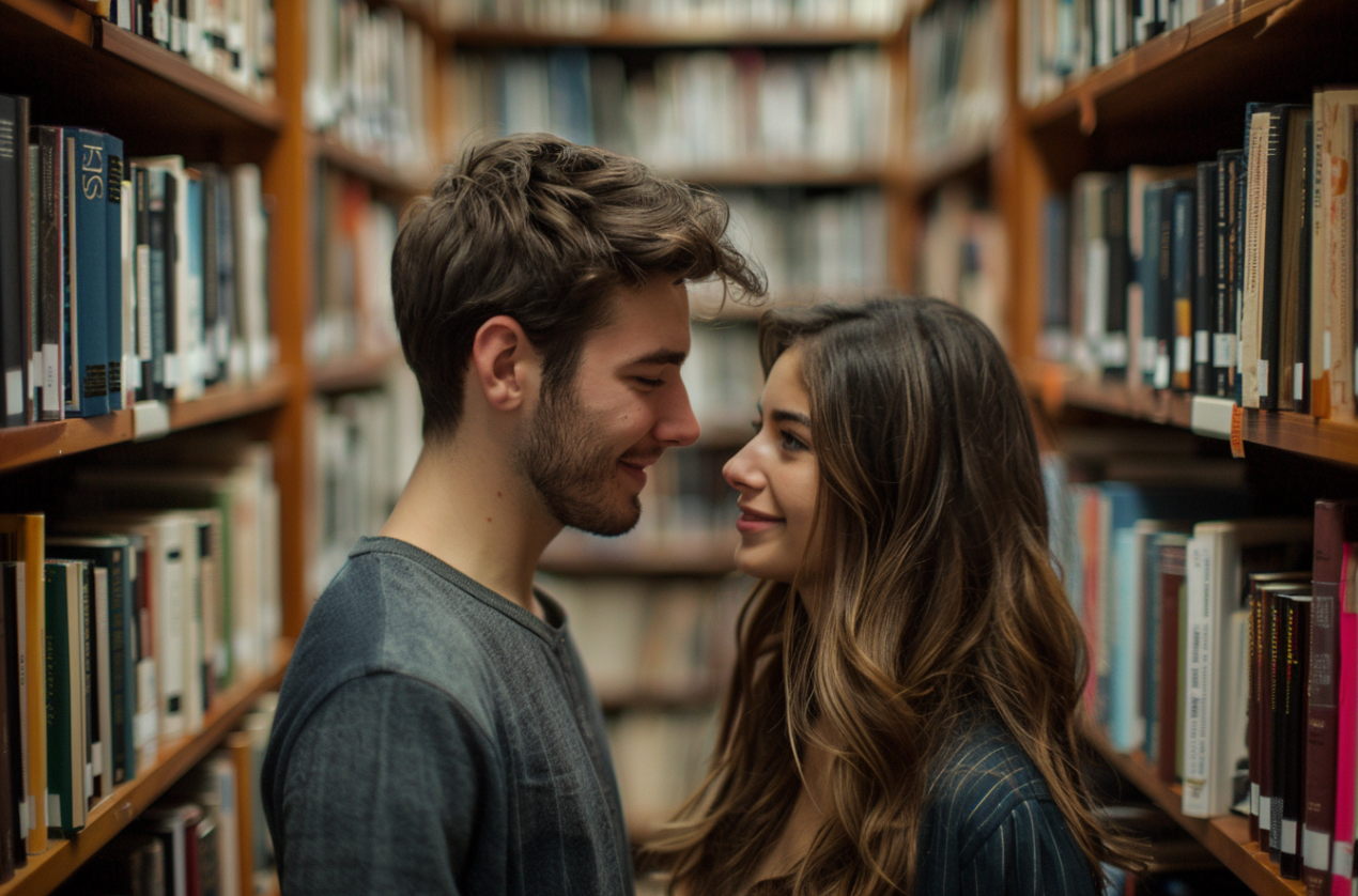 A man asking a woman out in a bookstore | Source: Midjourney