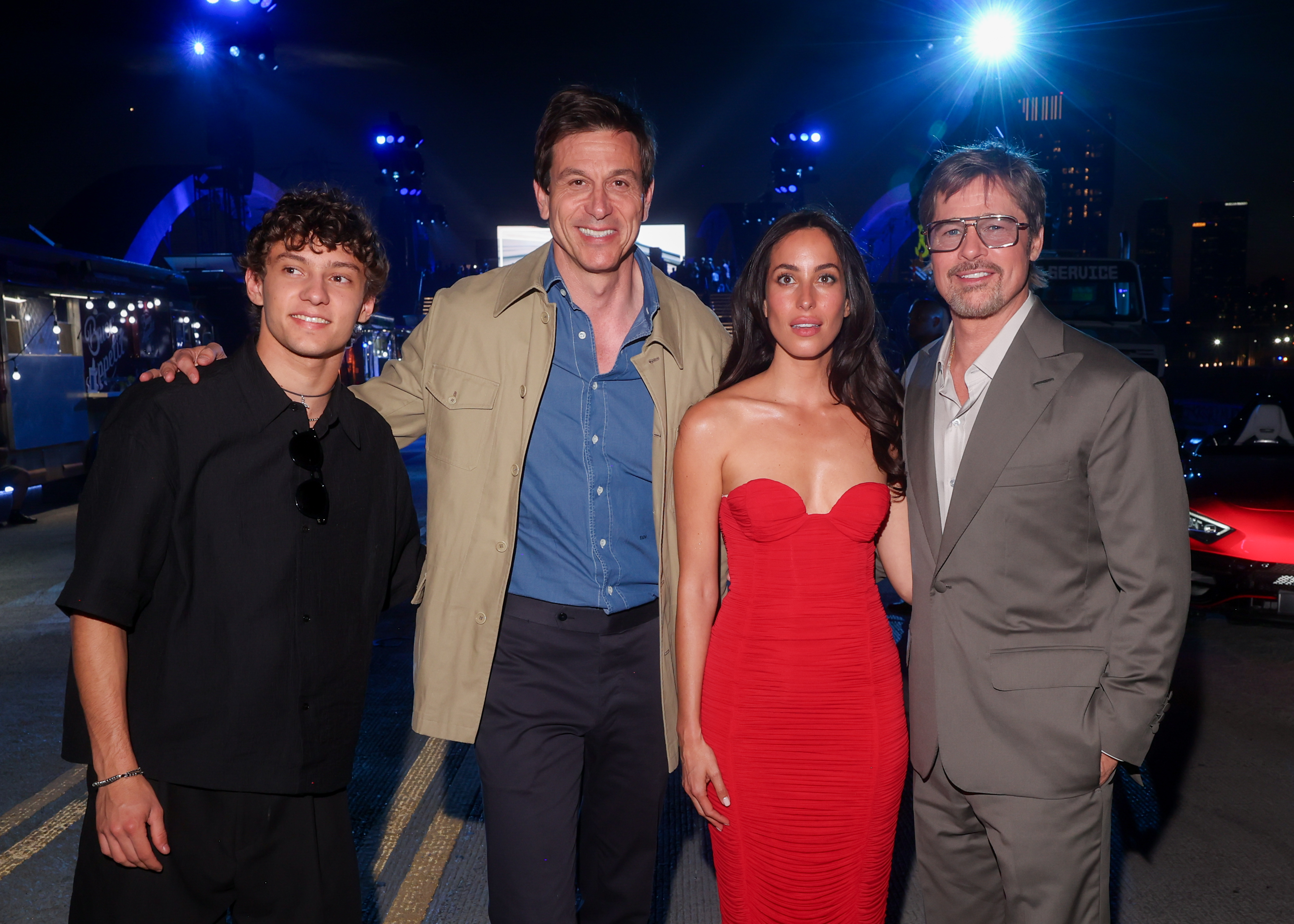 Andrea Kimi Antonelli, Toto Wolff, Ines de Ramon and Brad Pitt at the Mercedes-AMG World Premiere held at Sixth Street Bridge on May 19, 2026 in Los Angeles, California. | Source: Getty Images