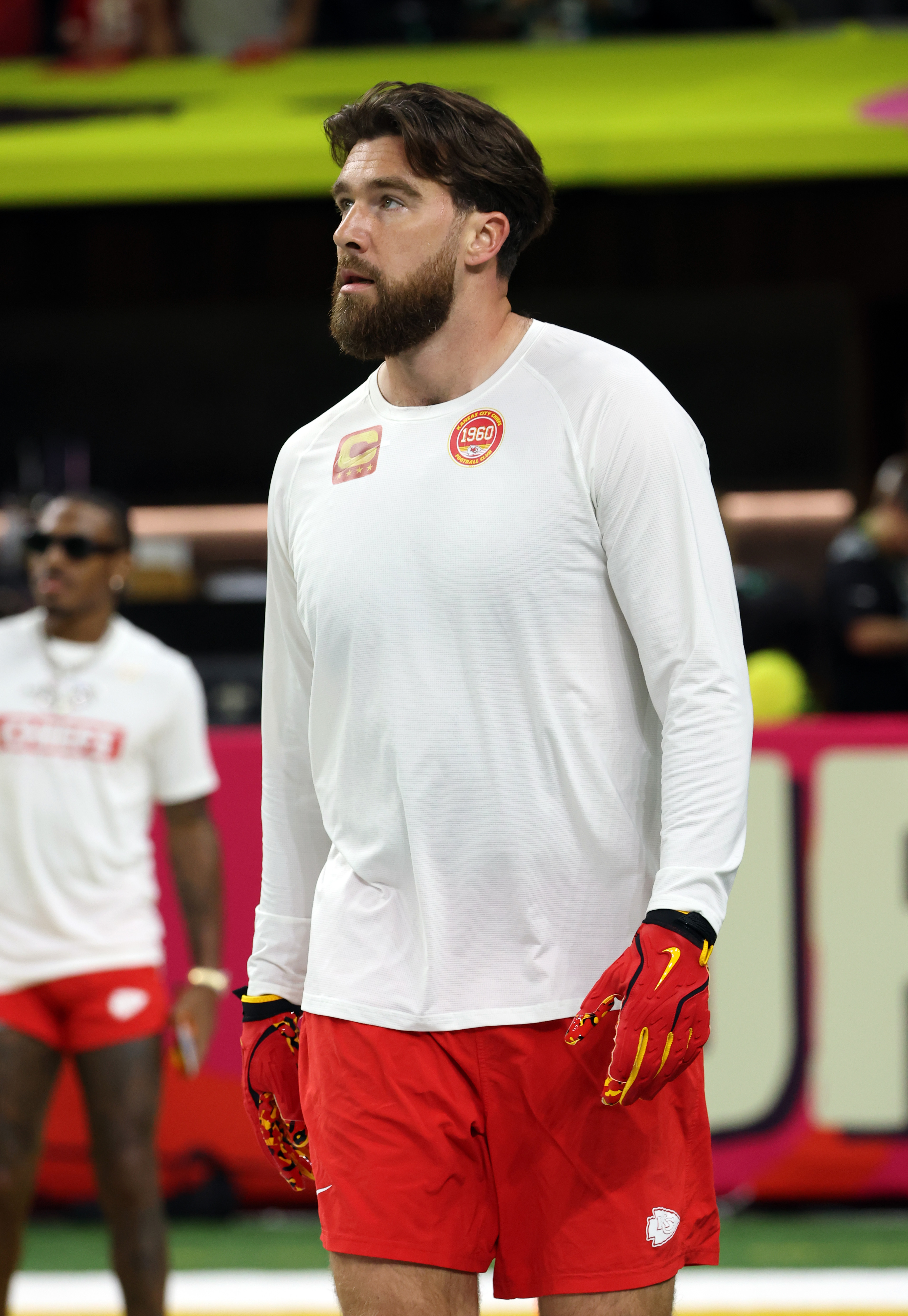 Travis Kelce practices during the Super Bowl LIX Pregame at Caesars Superdome. | Source: Getty Images