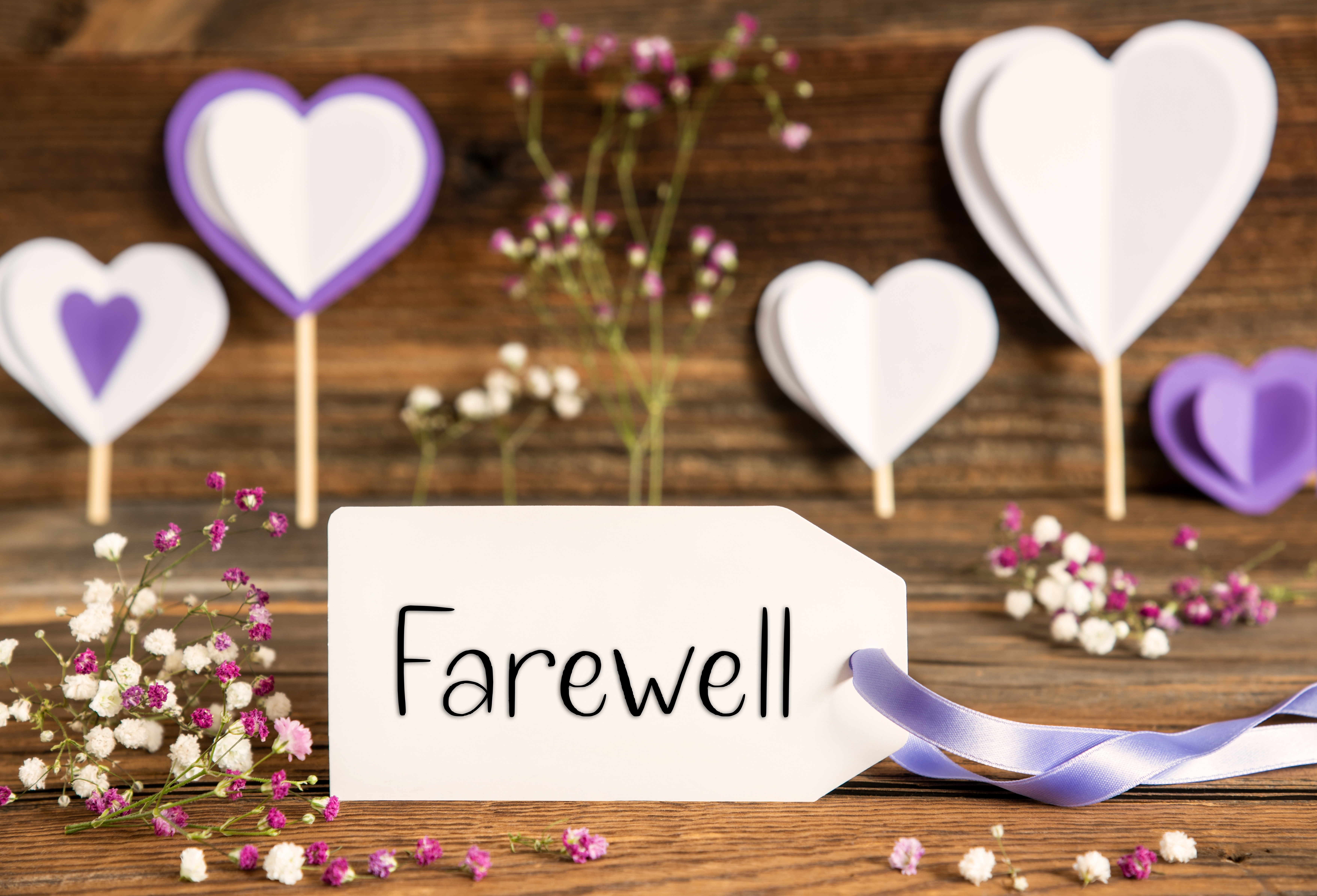 A farewell card surrounded by purple decorations | Source: Shutterstock