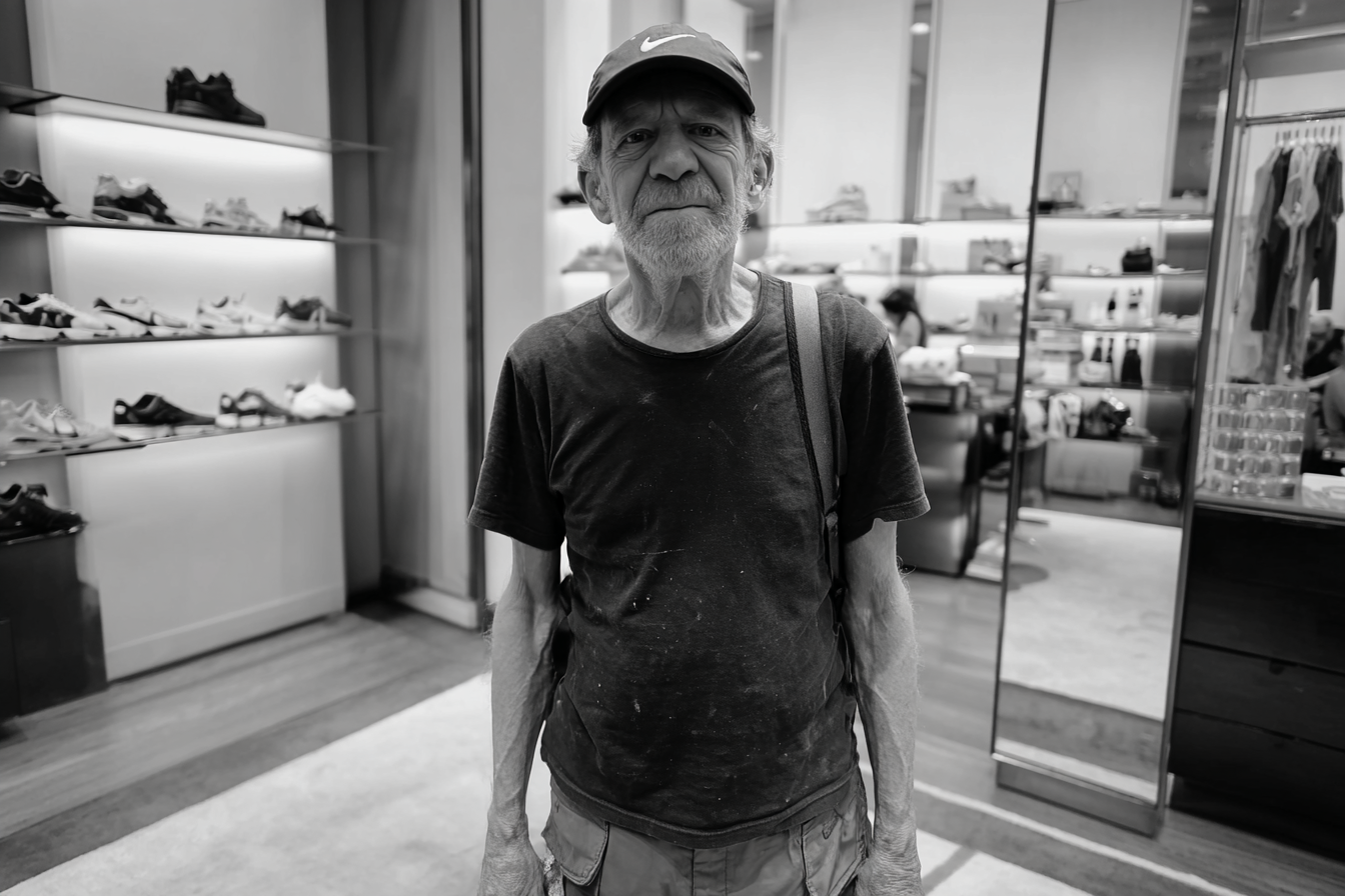 Grayscale photo of an elderly man standing in a shoe store | Source: Midjourney