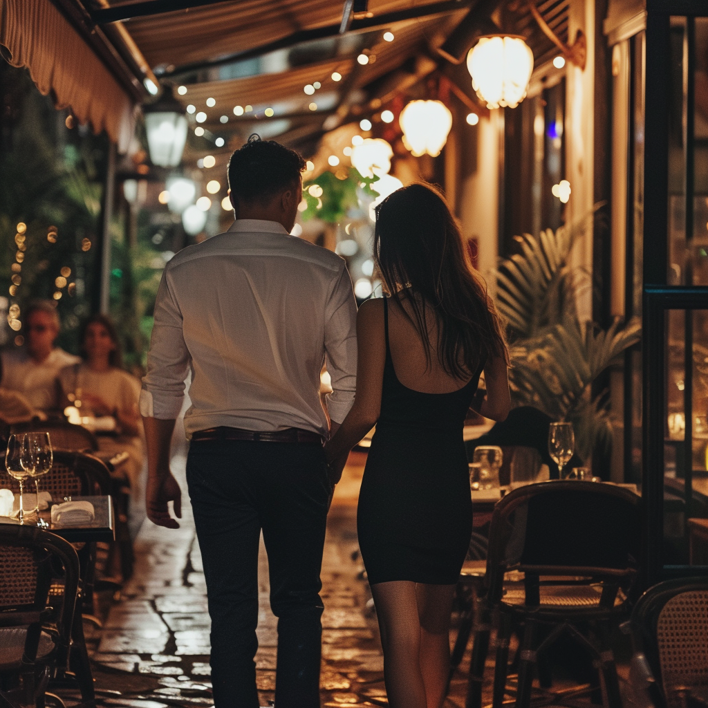 La pareja saliendo del restaurante | Fuente: A mitad del viaje