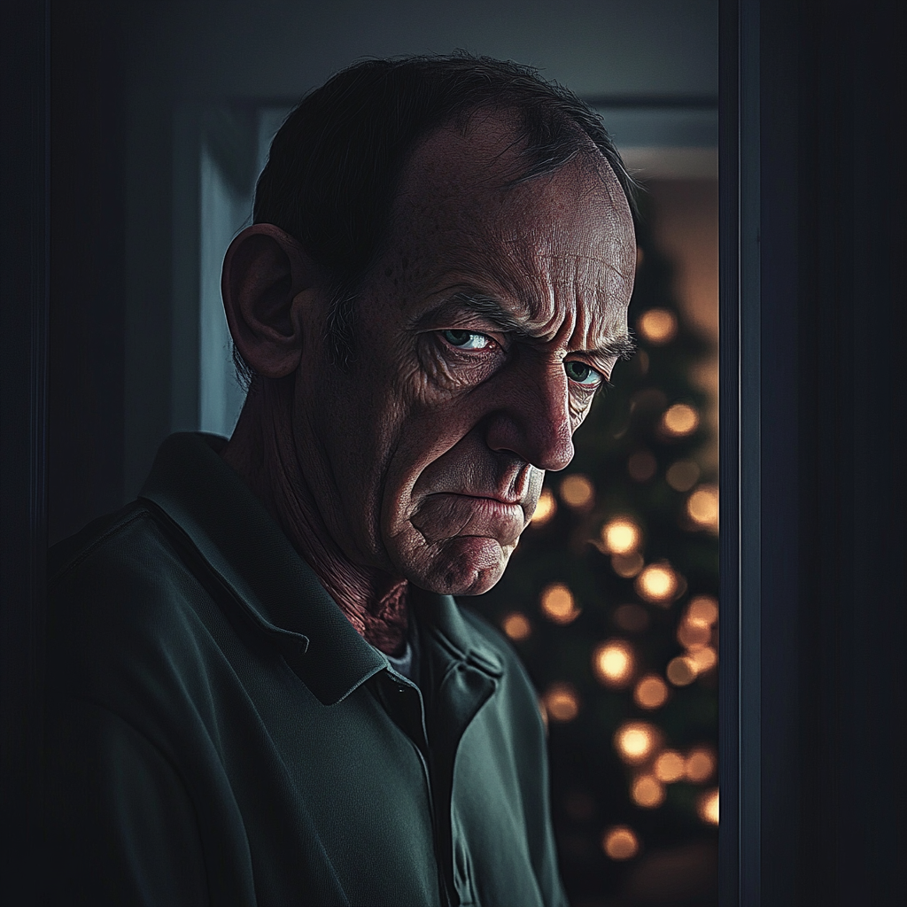 An annoyed senior man standing against the backdrop of a Christmas tree | Source: Midjourney