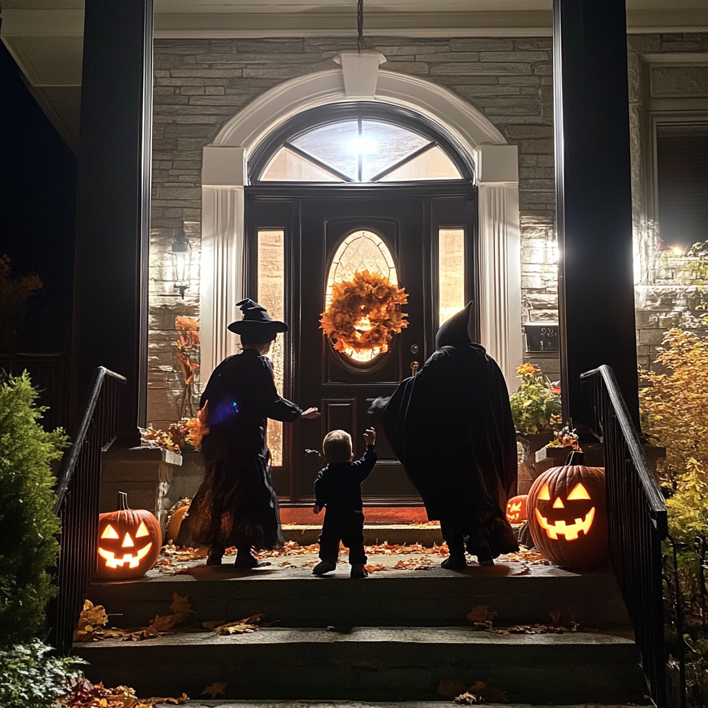 Parents with their child standing infront of their neighbor's house during Halloween | Source: Midjourney