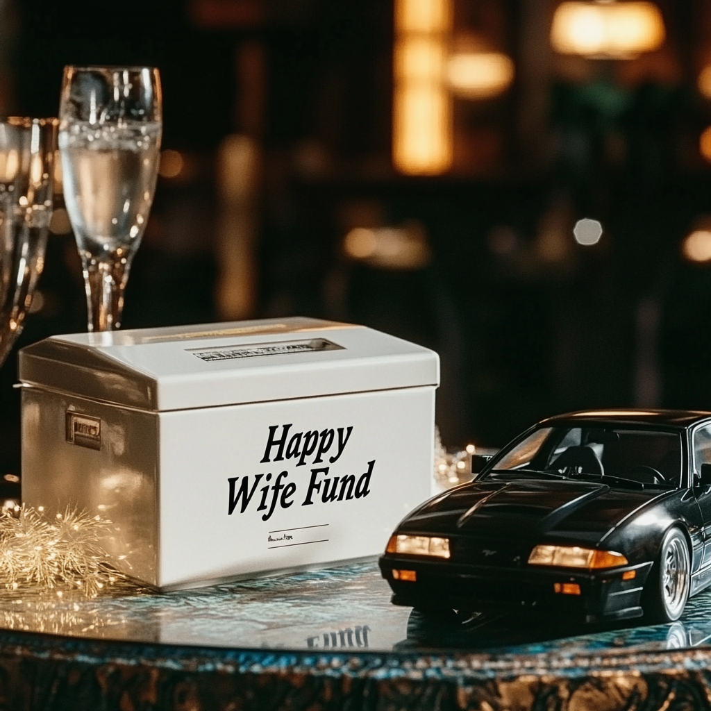 A fund box on the table with a toy car nearby | Source: Midjourney