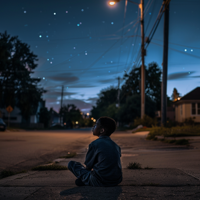 A homeless black boy looks at the starry sky at night | Source: Midjourney