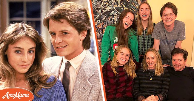 Promotional portrait of actors Michael J Fox and Tracy Pollan on the set of the television series, 'Family Ties' [left]. Picture of Michael J Fox , Tracy Pollan and their kids [right] | Photo: Getty Images
