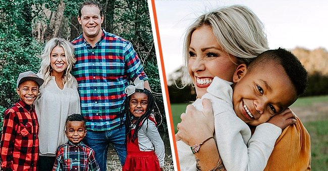 Jessica Scatterfield y su esposo con sus tres hijos adoptivos en una foto [izquierda]; Jessica Scatterfield cargando a su hijo adoptivo en su hombro con una gran sonrisa en sus rostros [derecha] | Foto: Instagram.com/gracewhilewewait