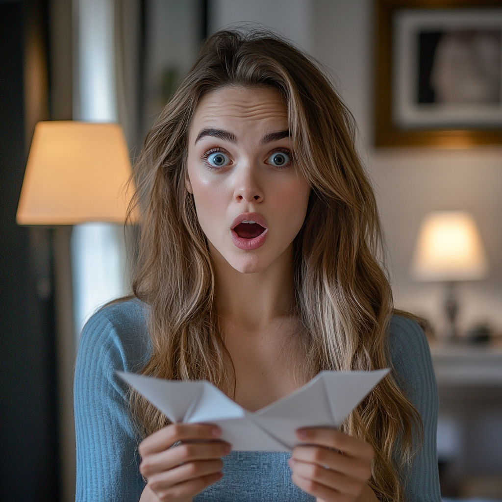 A woman gasps while holding a paper plane in her hands | Source: Midjourney