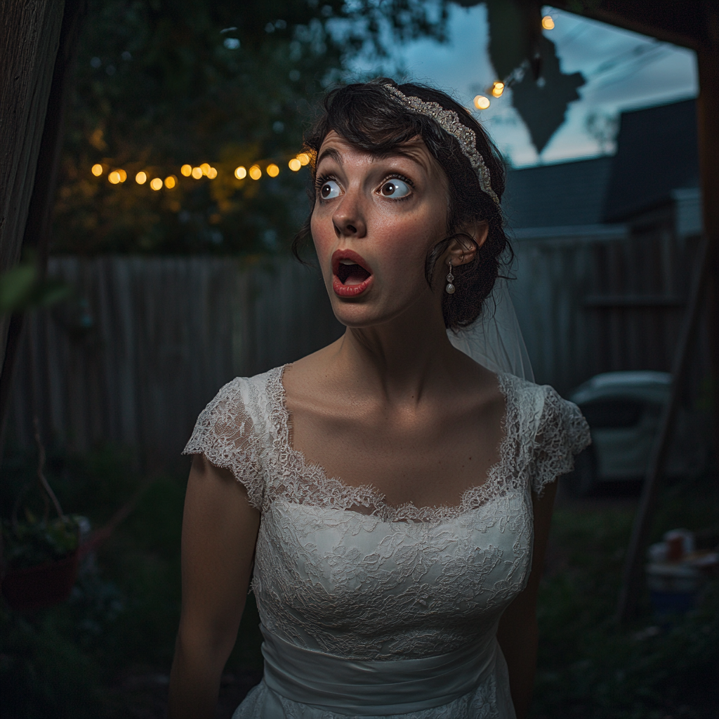 a shocked bride in her backyard | Source: Midjourney