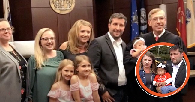 The Downing’s standing with a judge who is holding Livyia Downing complete with an overlaid picture of Brian Downing and Emily Downing standing together while Brian holds Livyia. │Source: youtube.com/11Alive