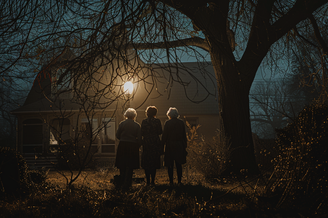 Three women outside a house at night | Source: Midjourney