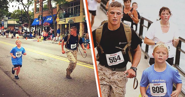 Marine Lance Cpl. Myles Kerr and  Boden Fuchs. running the race together | Photo:  twitter.com/runmichigan   facebook.com/SEAL Of Honor