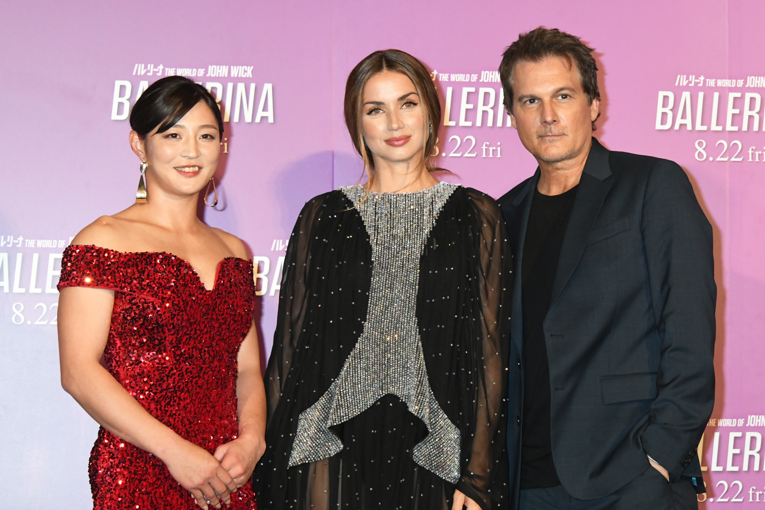 Ana de Armas, Natsumi Tsunoda, the gold medalist at the 2024 Summer Olympics, and director Len Wiseman attend the Japan premiere of "Ballerina: The World Of John Wick"