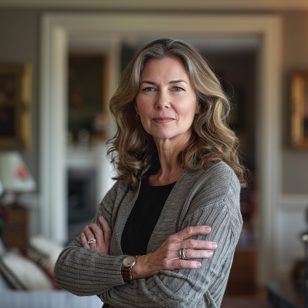 A middle-aged woman standing with her arms crossed looking triumphant | Source: Midjourney