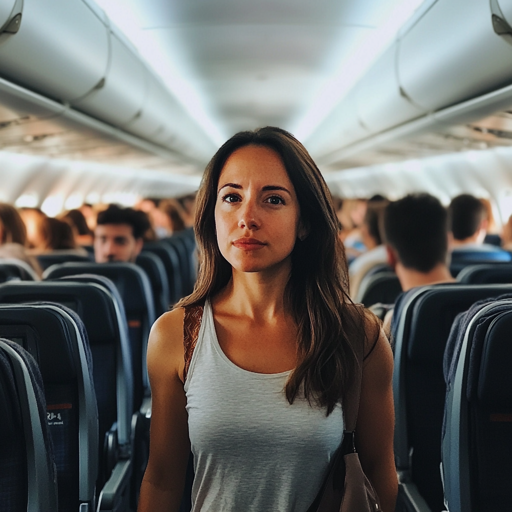 A woman standing in an aisle of an airplane | Source: Midjourney