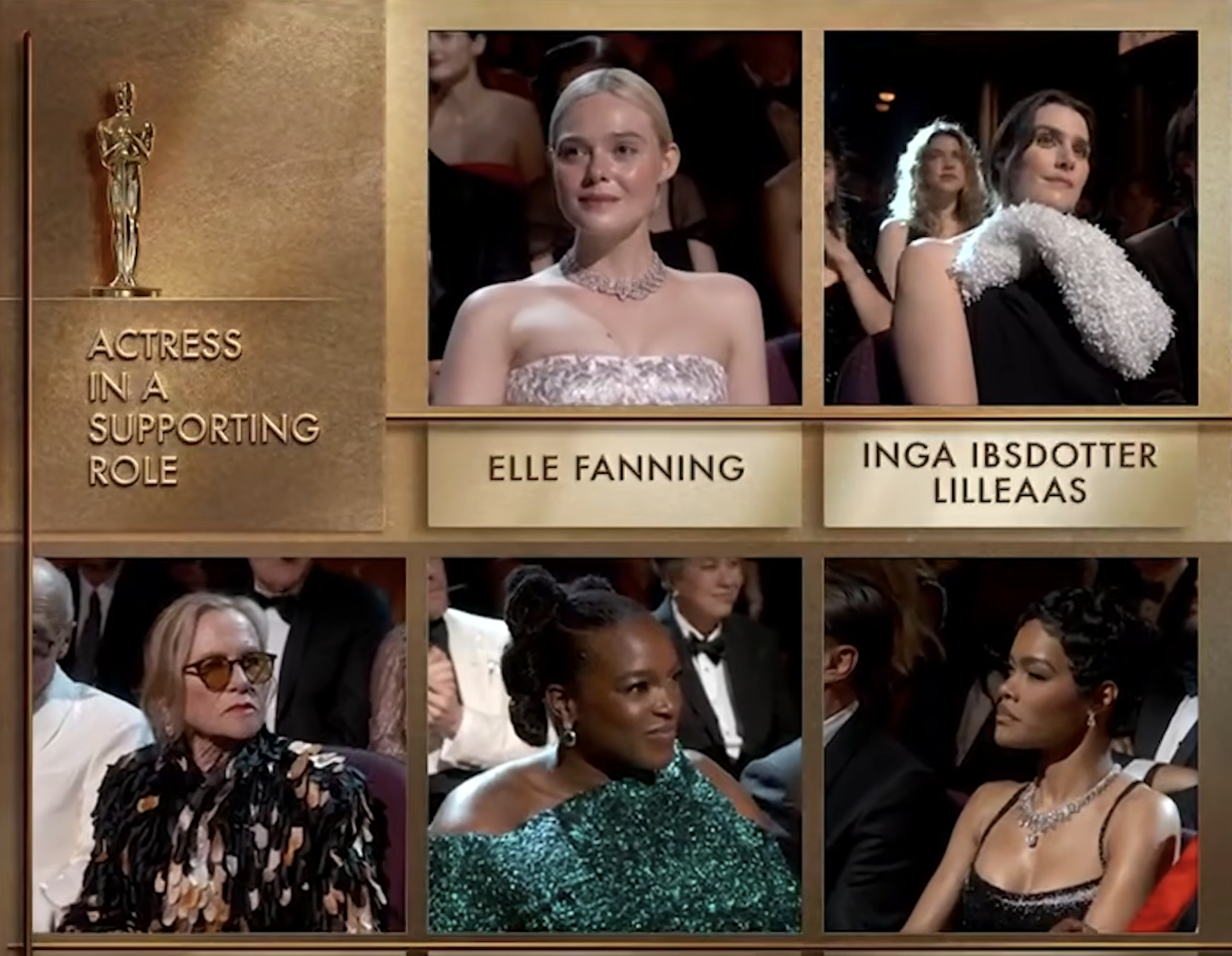 The Best Supporting Actress nominees appear on screen as Zoe Saldaña prepares to reveal the winner | Source: YouTube/ABCNews