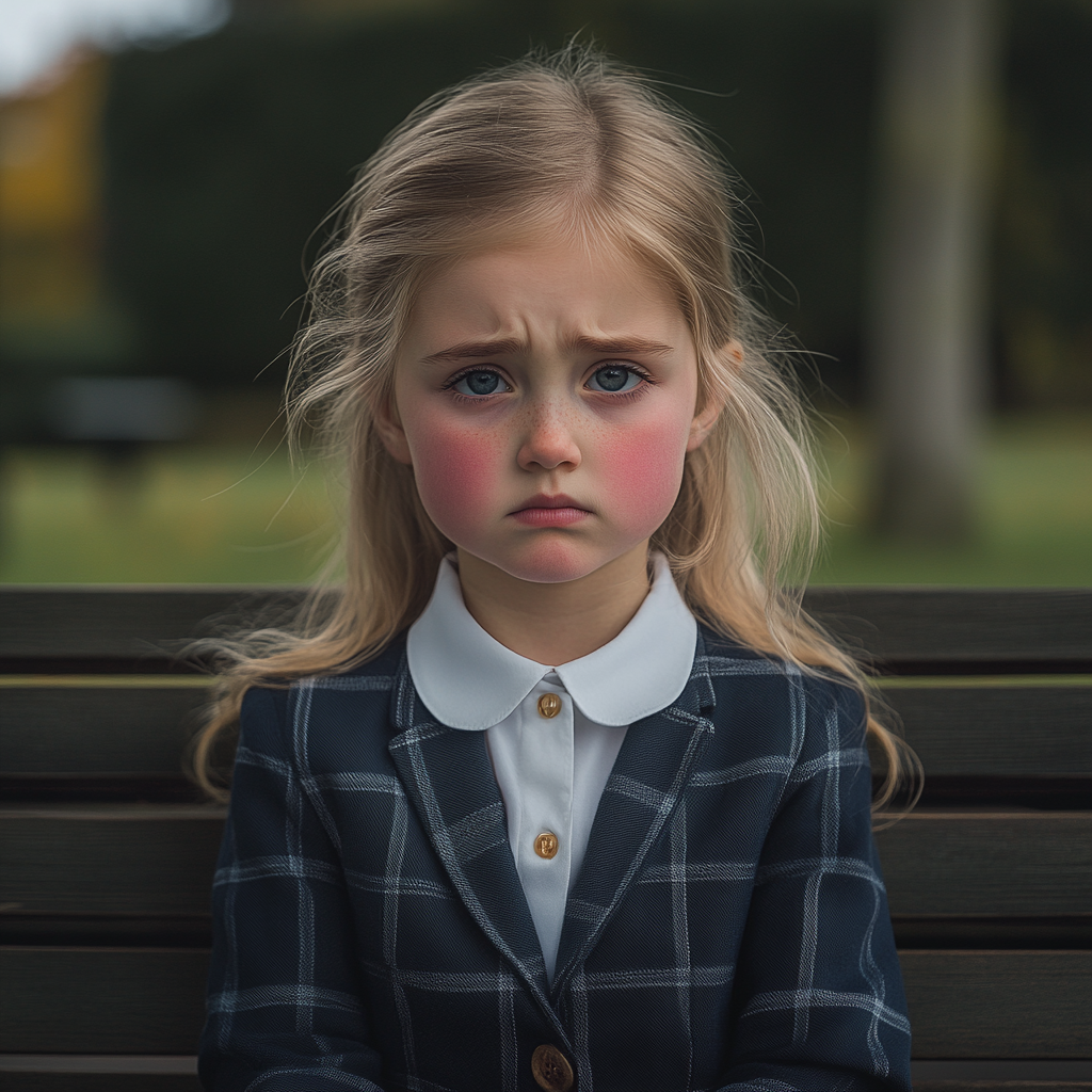 A sad little girl sitting in a park | Source: Midjourney