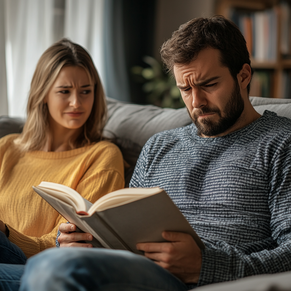 Man engrossed in reading a book as a woman seated beside him watches, slightly annoyed | Source: Midjourney