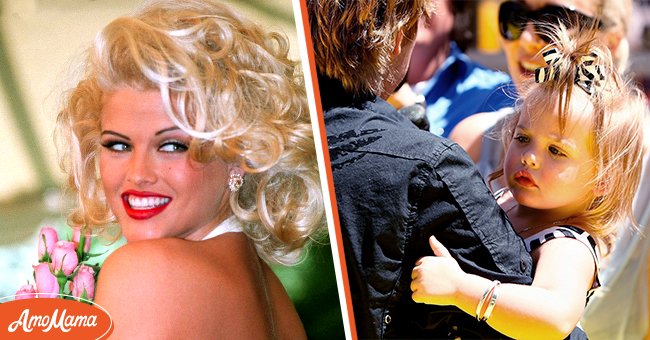 Portrait photo of American model Anna Nicole Smith, circa 1990. [Left] | Larry Birkhead and daughter Dannielynn Birkhead arrive at the Launch celebration party for The Simpson's Ride at Universal Studios Hollywood on May 17, 2008. [Right] | Photo: Getty Images