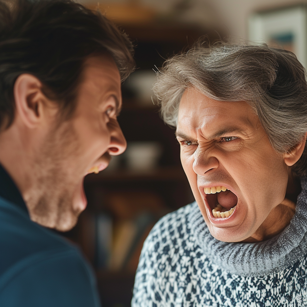 An angry man talking to an older woman