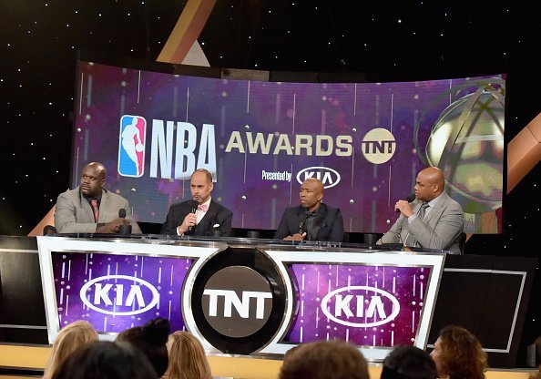 Shaquille O'Neal, Ernie Johnson Jr., Kenny Smith, and Charles Barkley speak onstage at the 2018 NBA Awards at Barkar Hangar on June 25, 2018 in Santa Monica, California | Photo: Getty Images