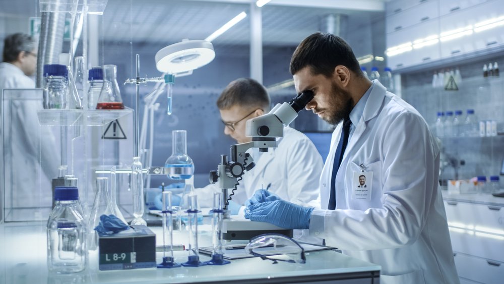 In a Modern Laboratory Two Scientists Conduct Experiments. Chief Research Scientist Adjusts Specimen in a Petri Dish and Looks on it Into Microscope | Shutterstock