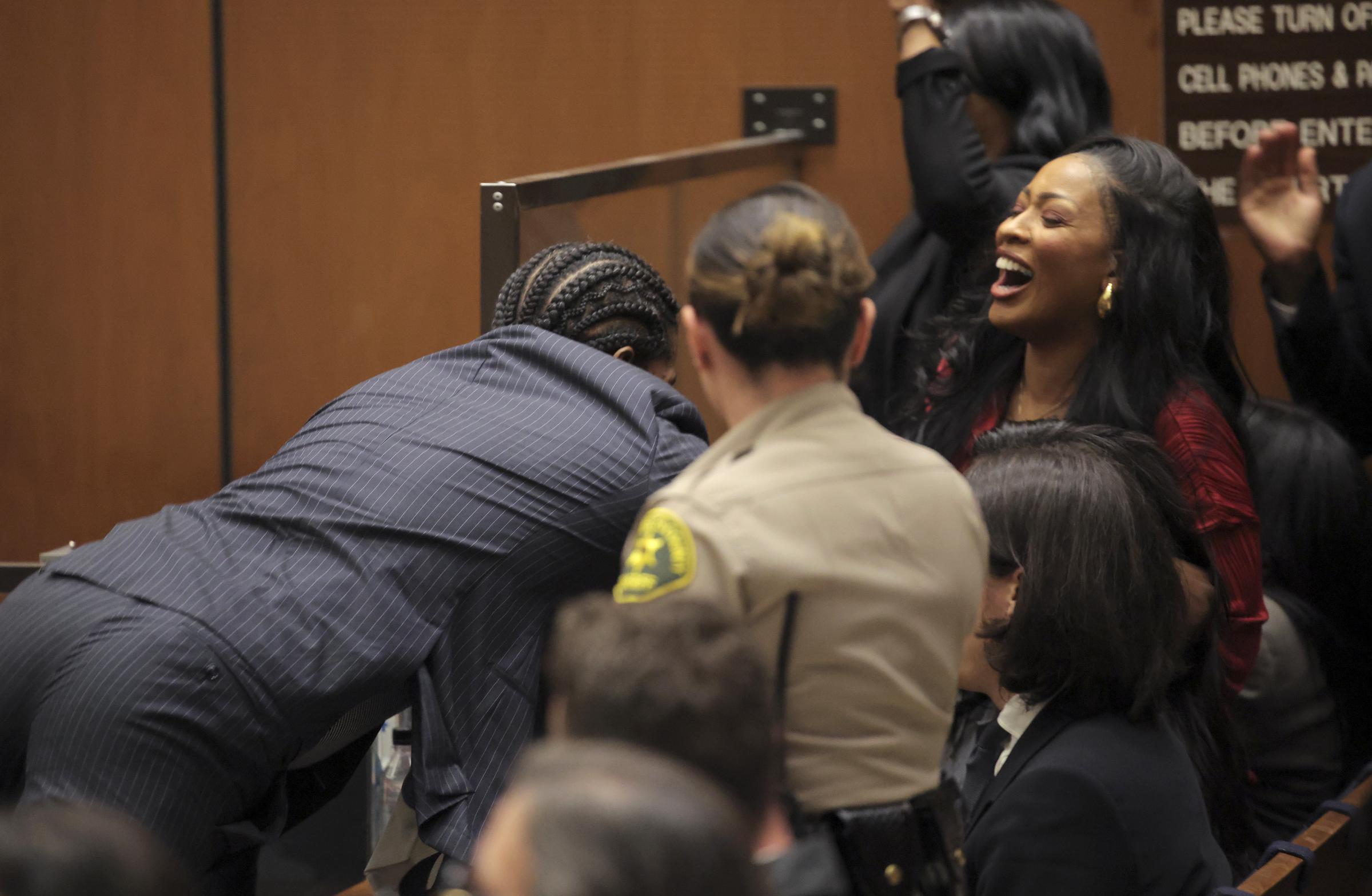 A$AP Rocky pictured diving towards the gallery as the verdict is given in his felony assault trial at Clara Shortridge Foltz Criminal Justice Center on February 18, 2025, in Los Angeles, California. | Source: Getty Images