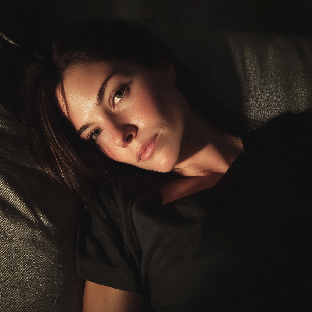 An upset woman lying on a couch | Source: Midjourney