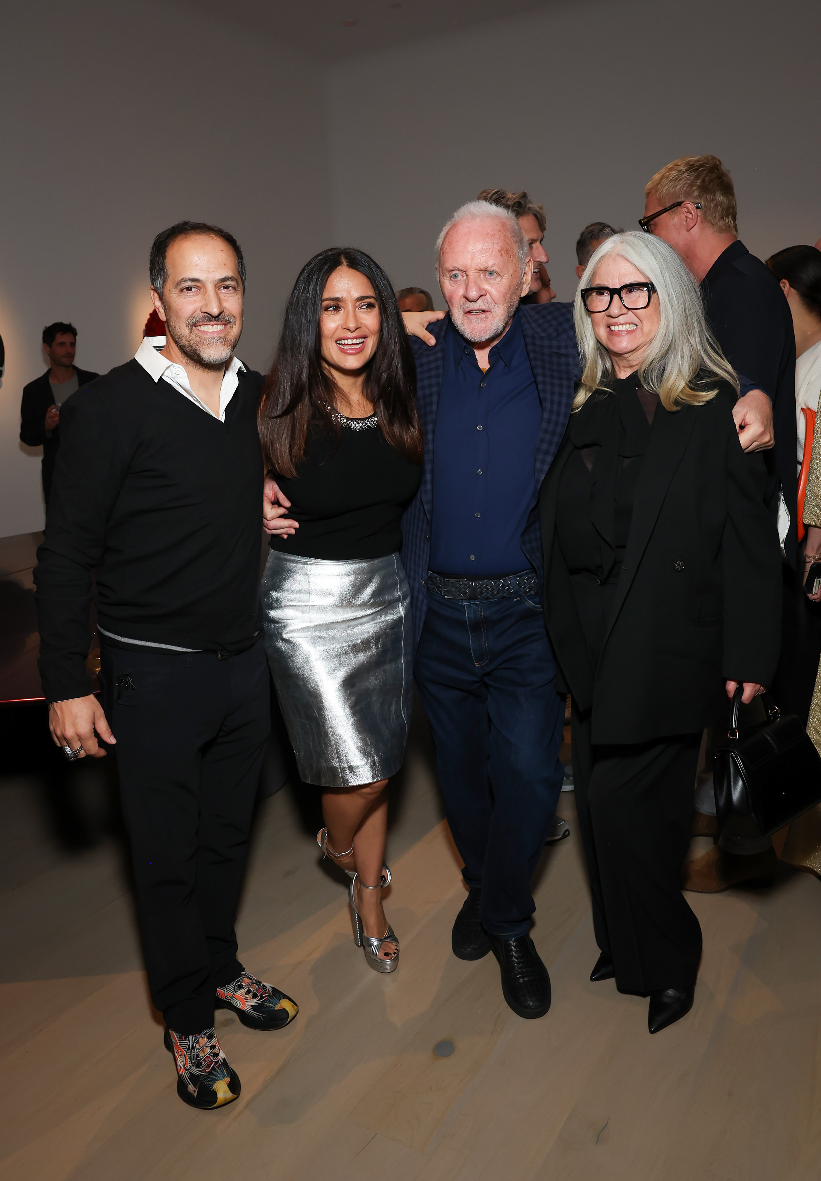 Sami Hayek, Salma Hayek, Anthony Hopkins, and Stella Arroyave at the opening reception for Sami Hayek's art show, "Frequency" at Christie's Beverly Hills on November 2, 2023 in Beverly Hills, California | Source: Getty Images