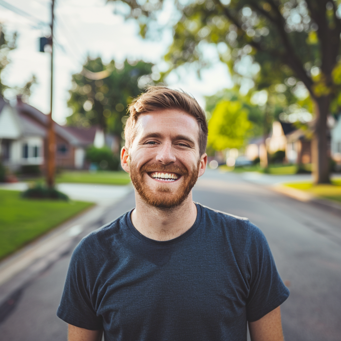 A man smiling while standing in a quiet neighborhood | Source: Midjourney