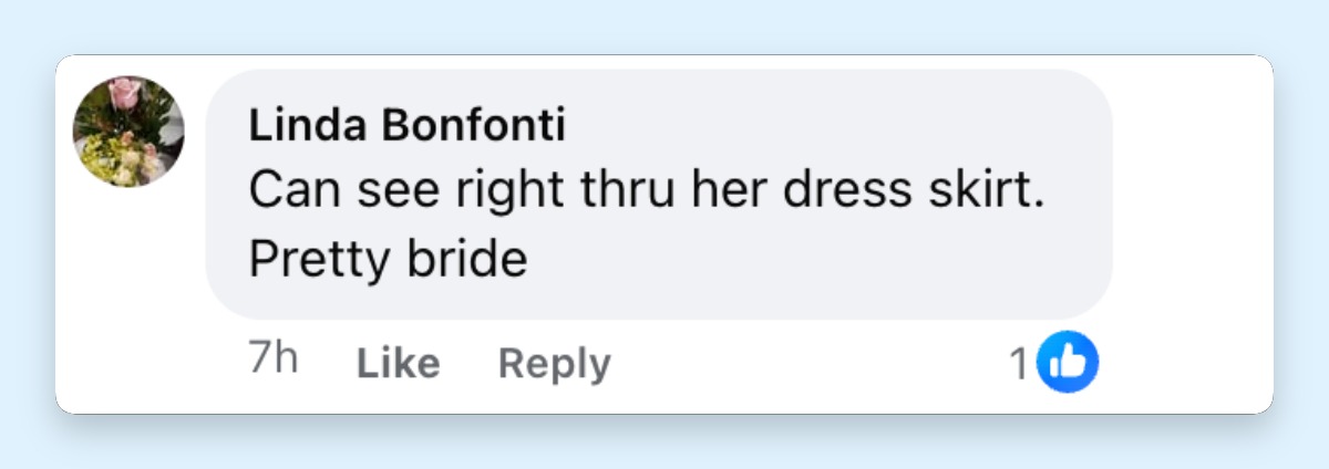 A netizen's comment about Ava Sambora's dress on her wedding on May 16, 2026 | Source: Facebook/Page Six