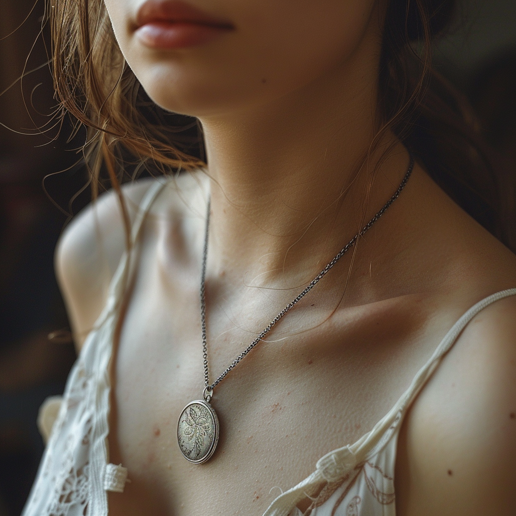 A closeup shot of a woman wearing a pendant | Source: Midjourney