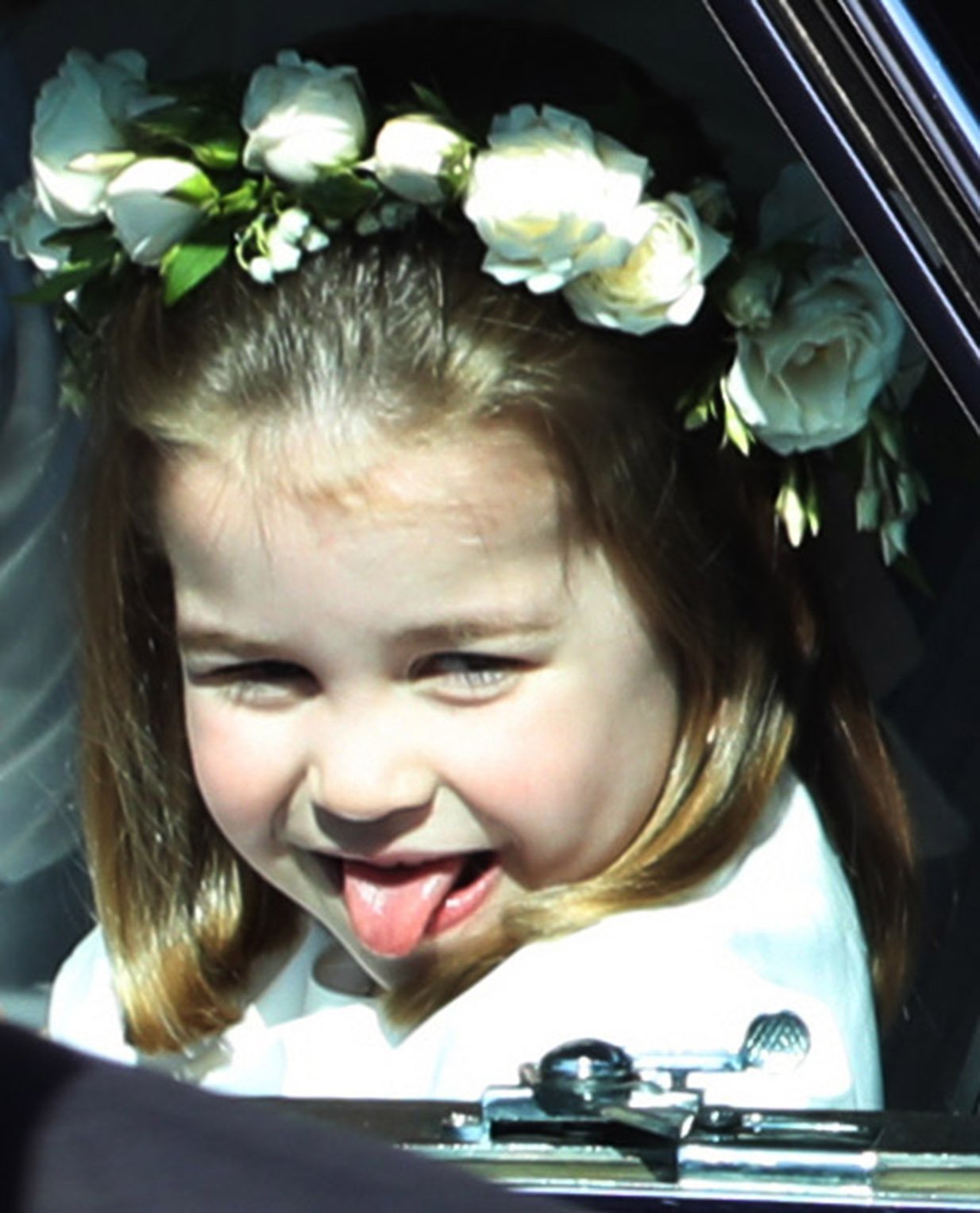 Princess Charlotte riding in a car to the wedding of Prince Harry and Meghan Markle at St George's Chapel in Windsor Castle on May 19, 2018 in Windsor, England. / Source: Getty Images