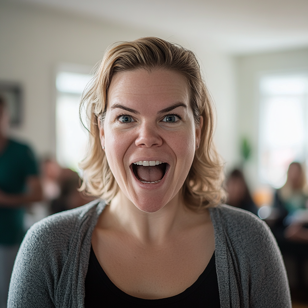 An overbearing woman looks very excited while standing in a crowded living room | Source: Midjourney