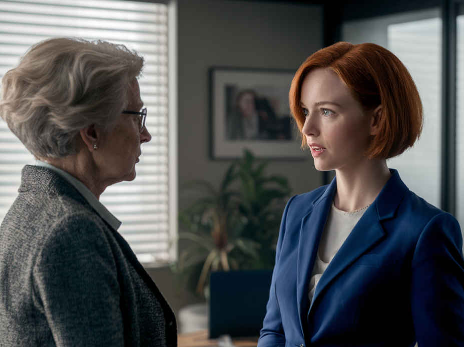 A well-dressed woman in an office setting, talking to an older woman | Source: Midjourney