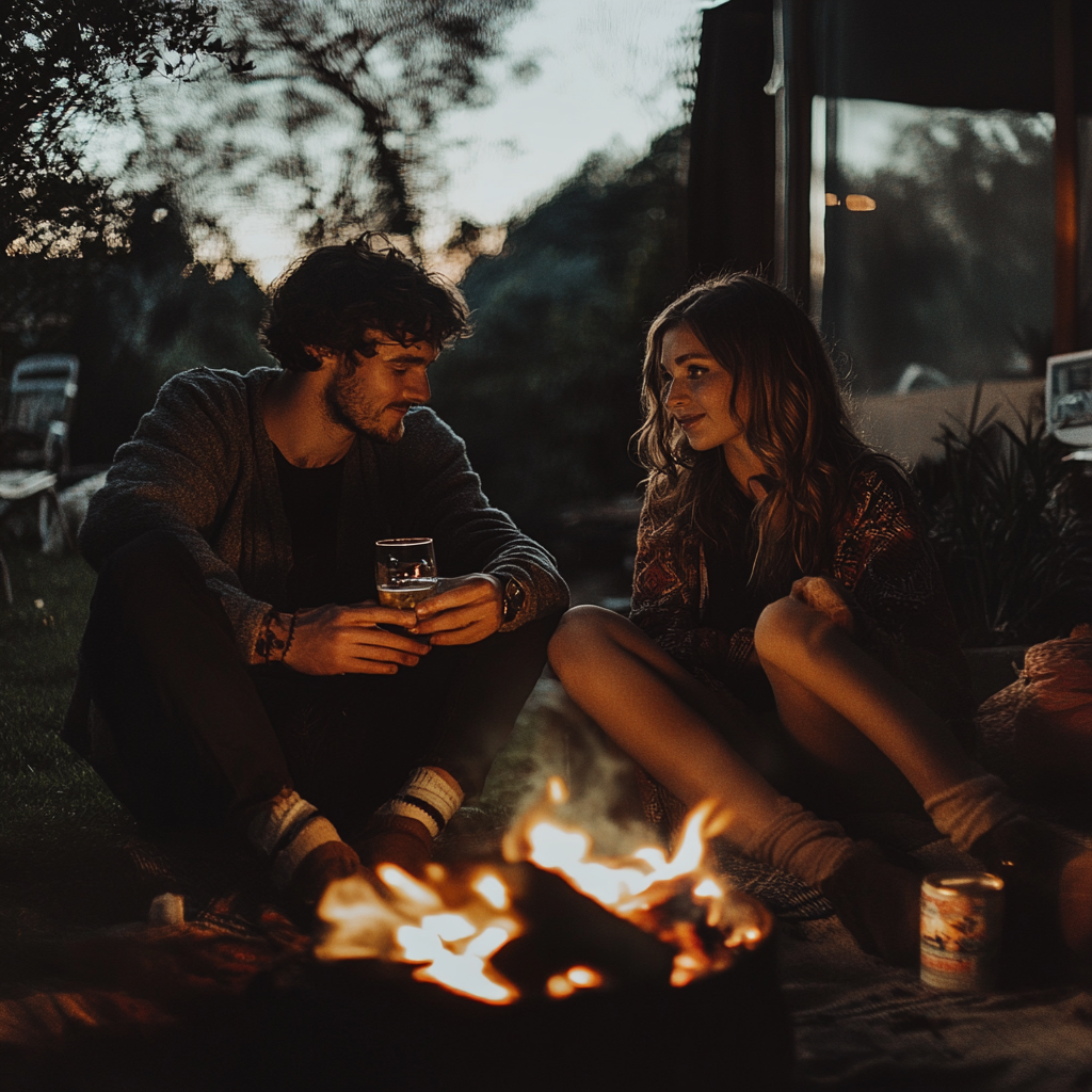 Couple bonding over bonfire | Source: Midjourney