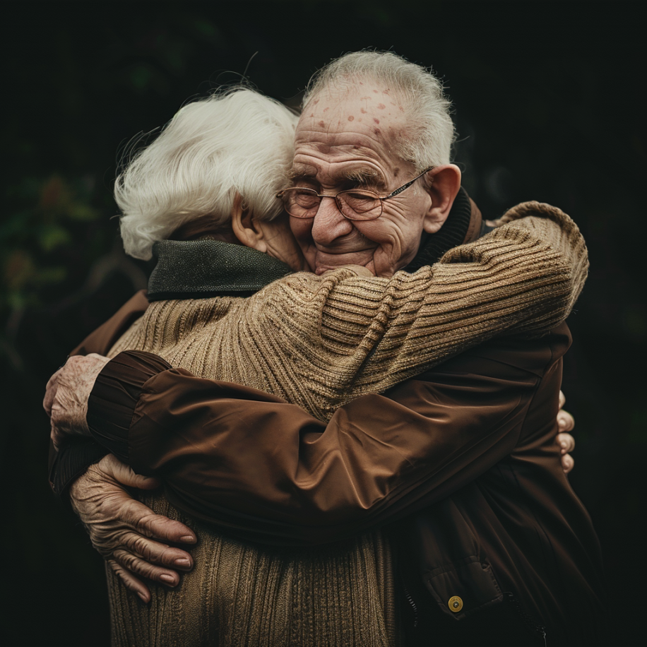 An elderly couple sharing a hug | Source: Midjourney