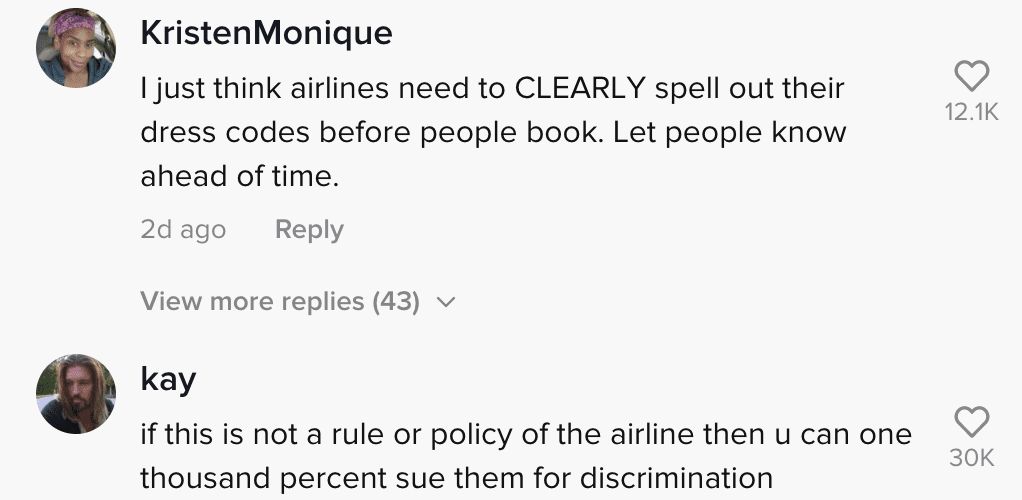 Commenters react to a video of a woman who was allegedly taken off of a plane because of her attire | Photo: TikTok/fattrophywife