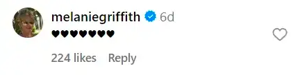 A screenshot of Melanie Griffith's comment posted on August 29, 2023 | Source: Instagram/teatime.pictures