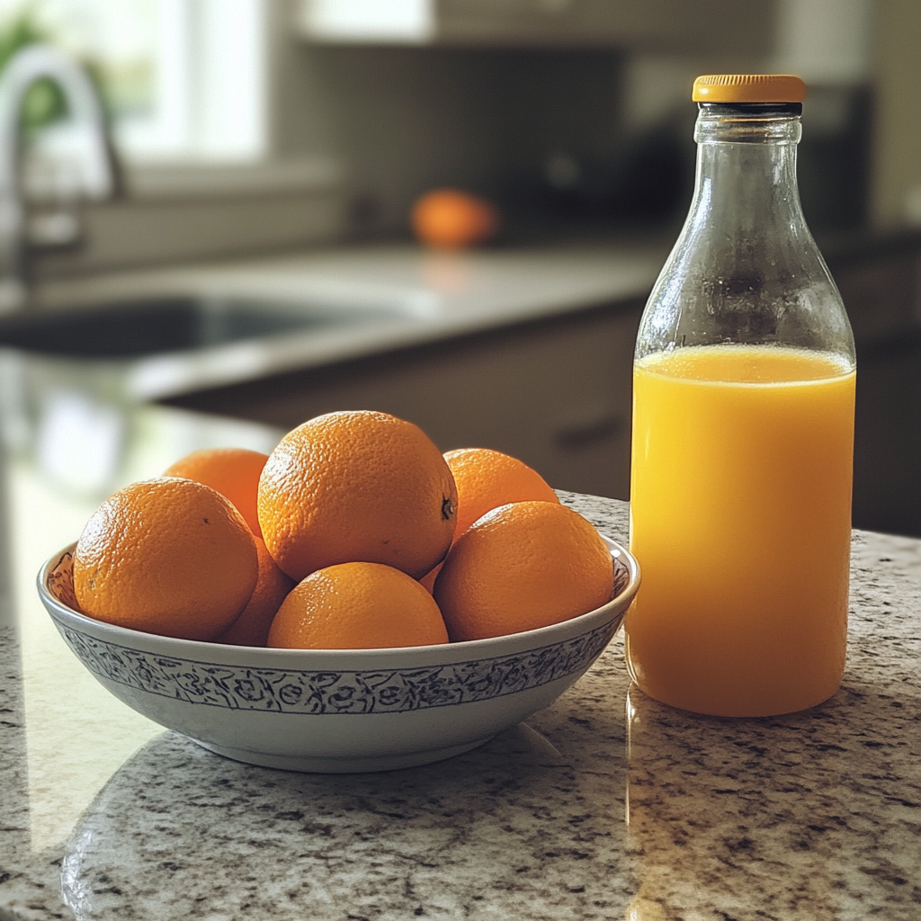 A bottle of orange juice and fresh oranges on a counter | Source: Midjourney