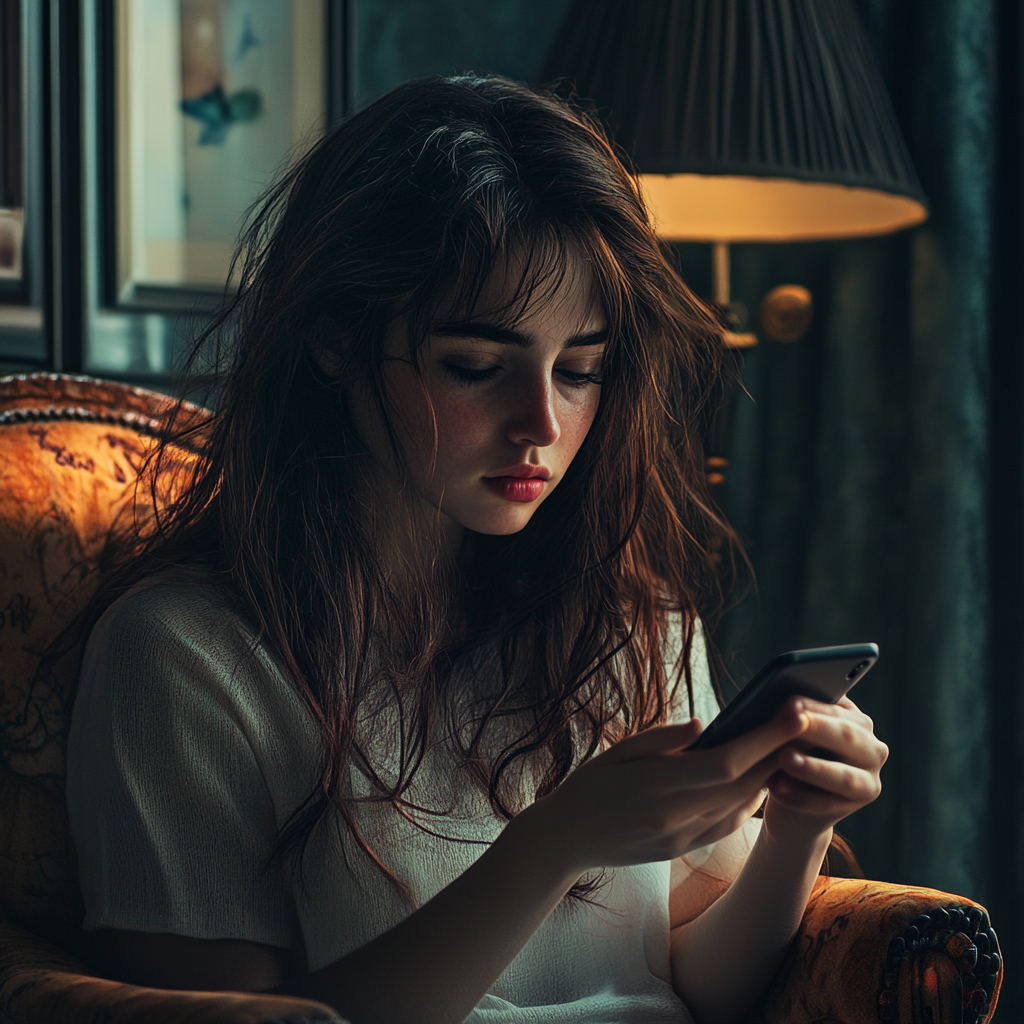 A woman reading a text message | Source: Midjourney