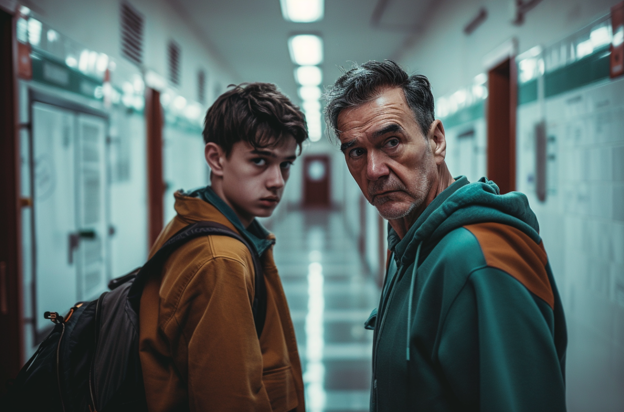 A man and his teen son standing in a school hallway | Source: MidJourney