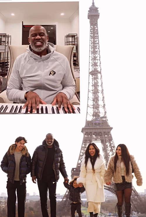 Brian McKnight and his new family appear in a collage showing him playing a keyboard indoors and walking hand in hand together in front of the Eiffel Tower, from a post dated February 22, 2025. | Source: Instagram/brianmcknight23